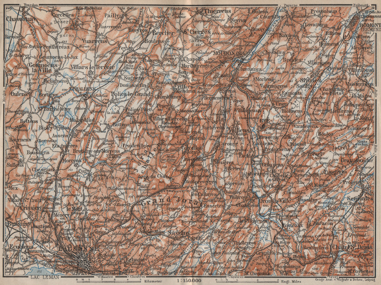 PAYS DE VAUD North. Lausanne Moudon Romont Jorat Moudon Echallens 1913 old map